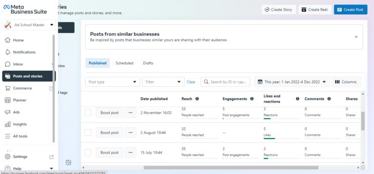 Meta Business Suite - Posts and stories performance data