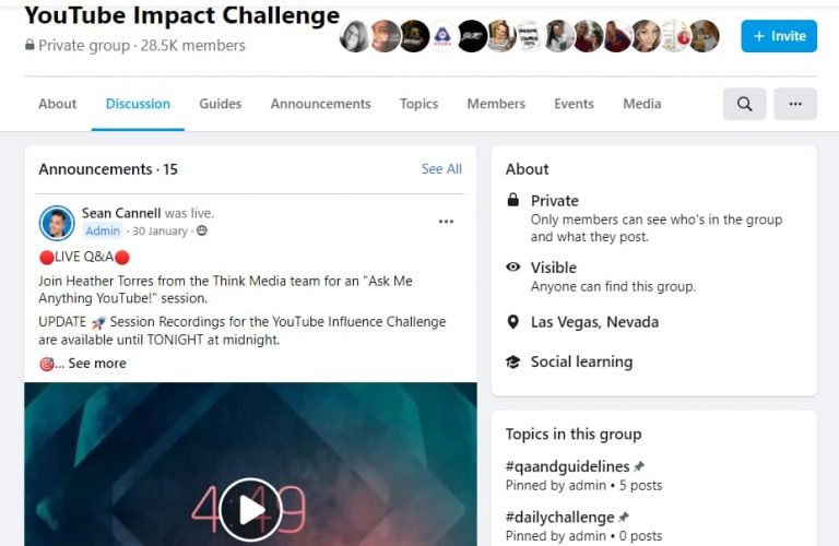 Facebook private group- YouTube Impact Challenge also shows one Facebook Live video post