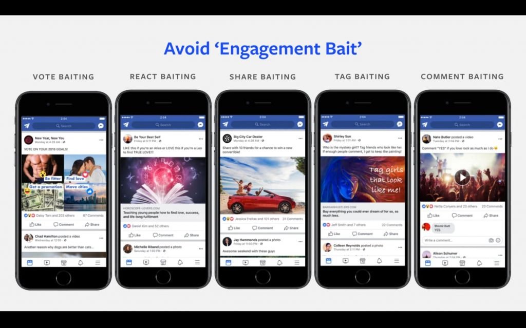 Facebook engagement bait examples: vote baiting, react baiting, share baiting, tag baiting, and comment baiting