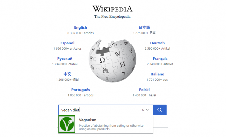 Wikipedia search for the keyword "vegan diet"