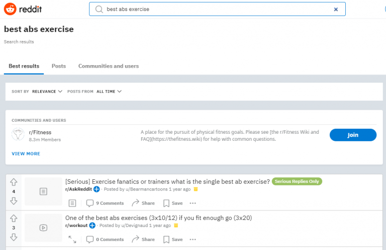 Reddit search for the query "best abs exercise"