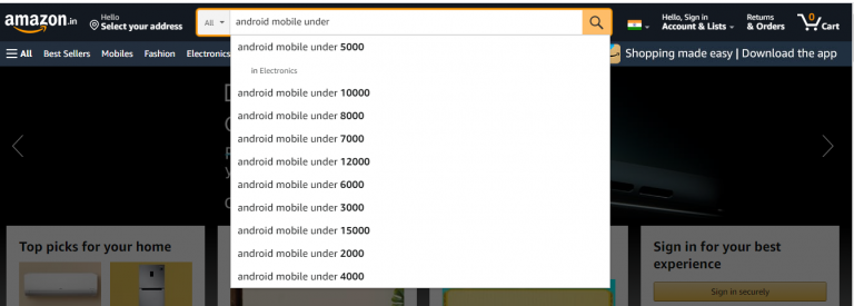 Amazon autocomplete suggesting related result for the product query "best android mobile under"