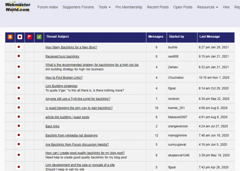 world.com forum page showing threads of discussion about link building