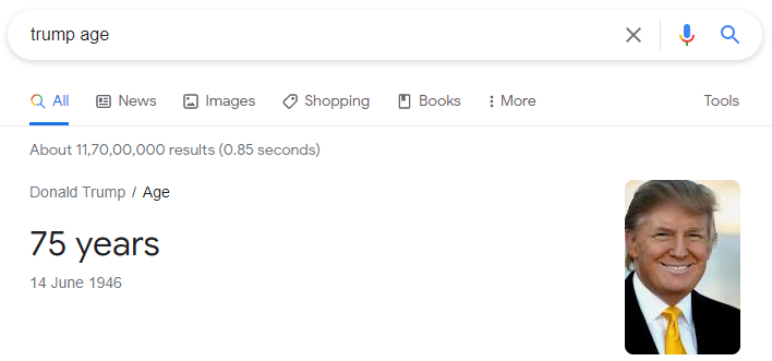 Google serp result in a featured snippet for the keyword "trump age"