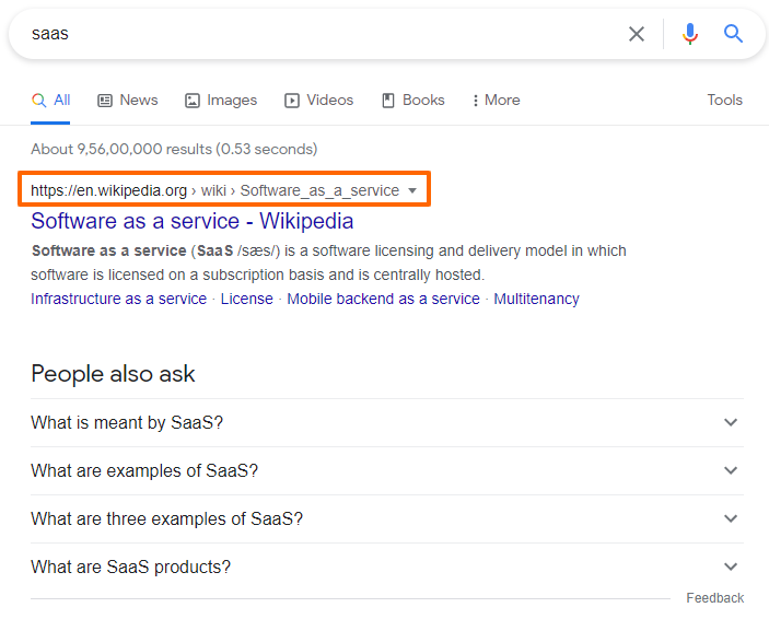 Google serp is showing results for the keyword "saas"
