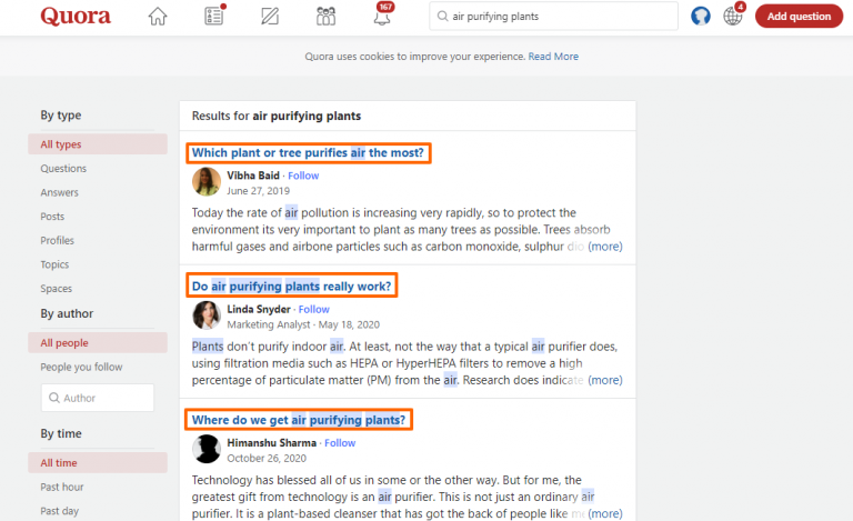 Quora results for the keyword "air purifying plants"