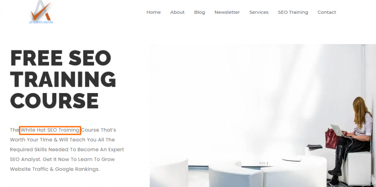AdSchoolMaster's SEO Training page highlighted with "white hat seo training phrase"