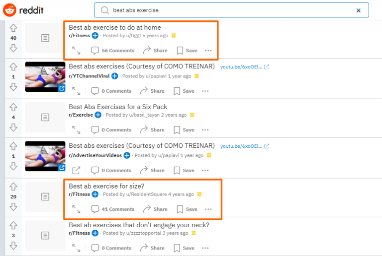 Reddit showing subreddit for the query "best abs exercise"