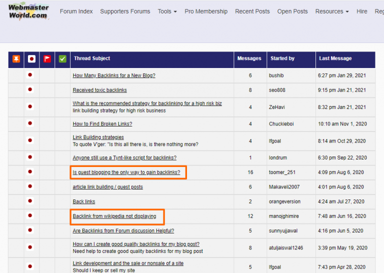 most active threads highlighted in orange colour box