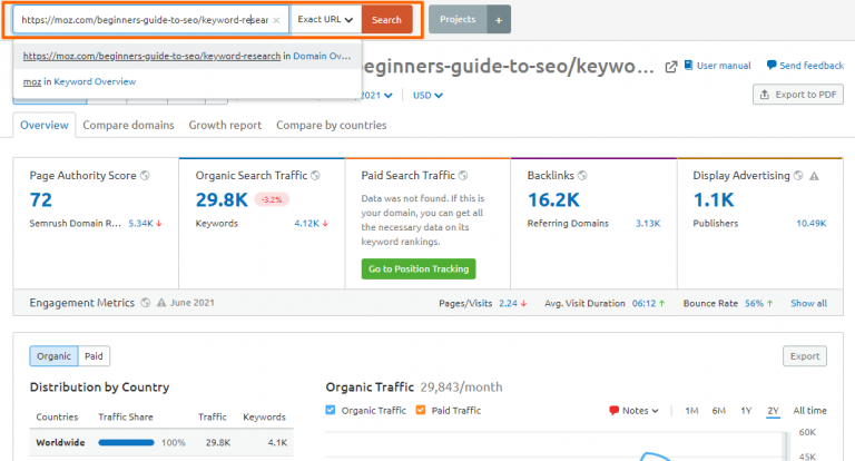 Searching for a url from moz.com in SEMrush tool