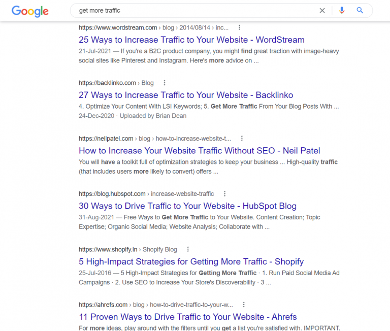 Google results on "get more traffic"