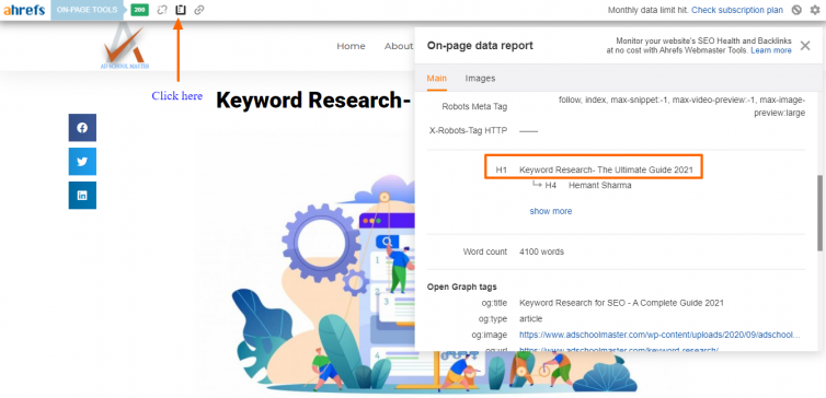SEO Tool Bar Showing H1 tag