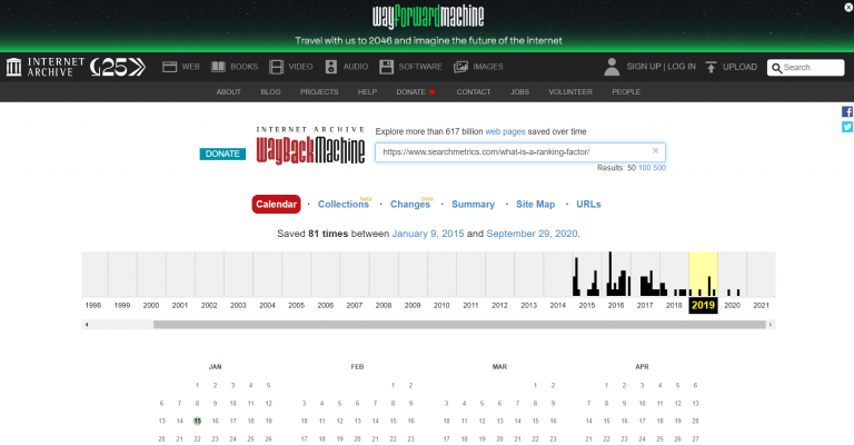 URL of a site on Wayback machine